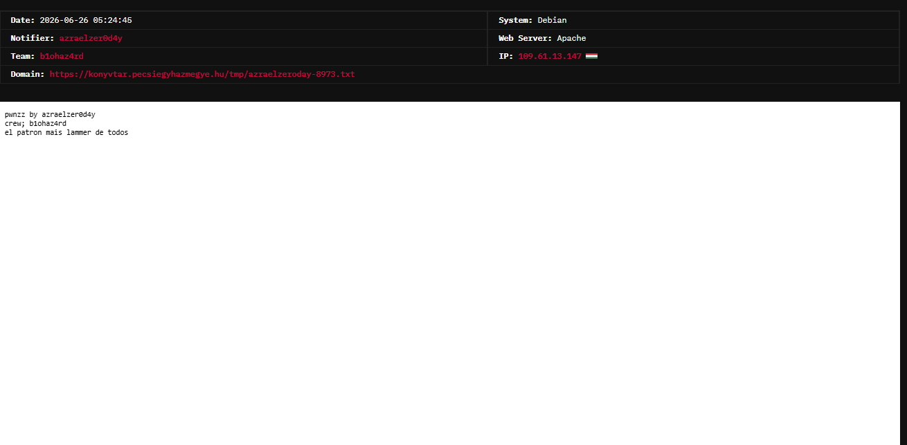 azraelzer0d4y targets the website of Diocesan Library of Pécs-xLab 威胁情报