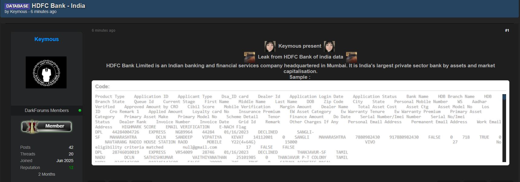 HDFC银行涉嫌数据外泄-xLab 威胁情报