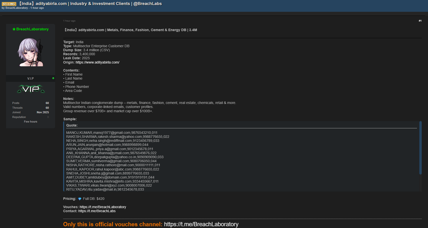 Aditya Birla集团涉嫌出售数据-xLab 威胁情报