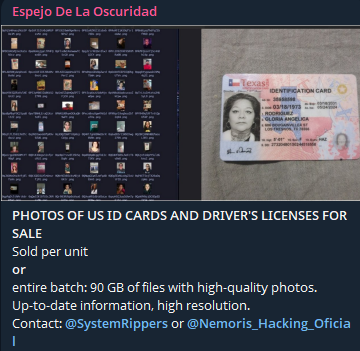 Alleged Sale of US ID Cards and Driver's Licenses-xLab 威胁情报
