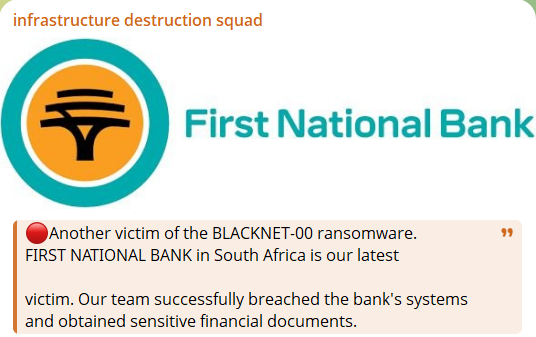 FIRST NATIONAL BANK falls victim to blacknet-00 Ransomware-xLab 威胁情报