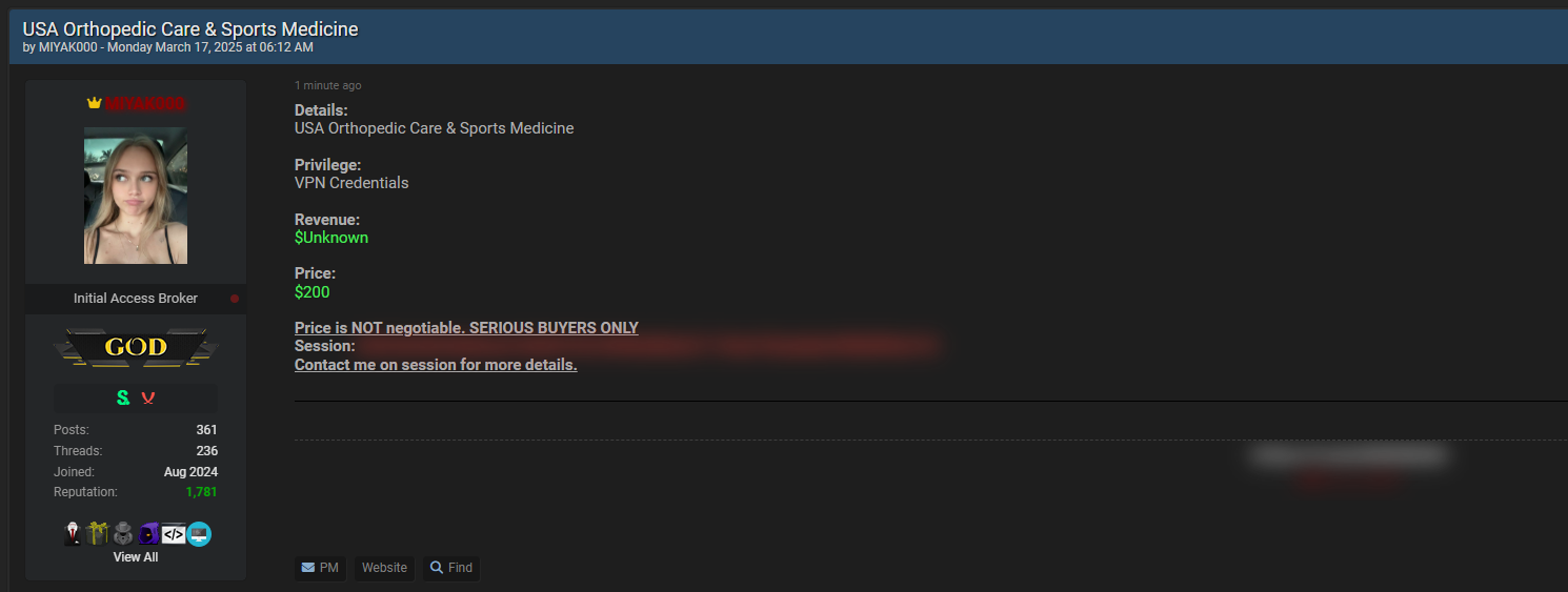 涉嫌向一家身份不明的美国骨科护理和运动医学组织出售access-xLab 威胁情报