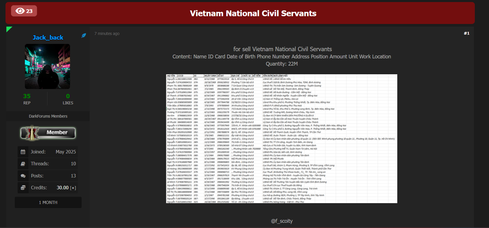 越南国家公务员涉嫌数据库泄露-xLab 威胁情报