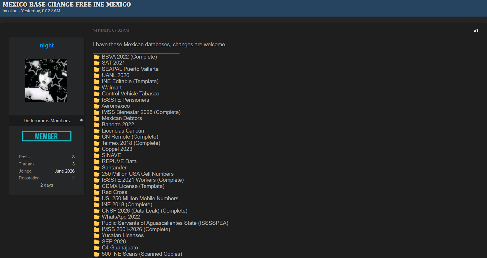 Alleged leak of multiple Mexican organization database-xLab 威胁情报