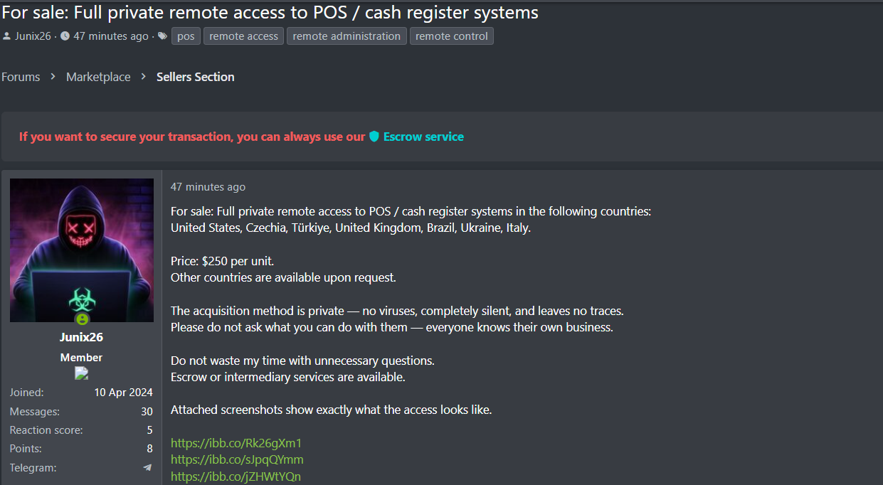 Alleged sale of unauthorized Remote Access to POS Systems-xLab 威胁情报
