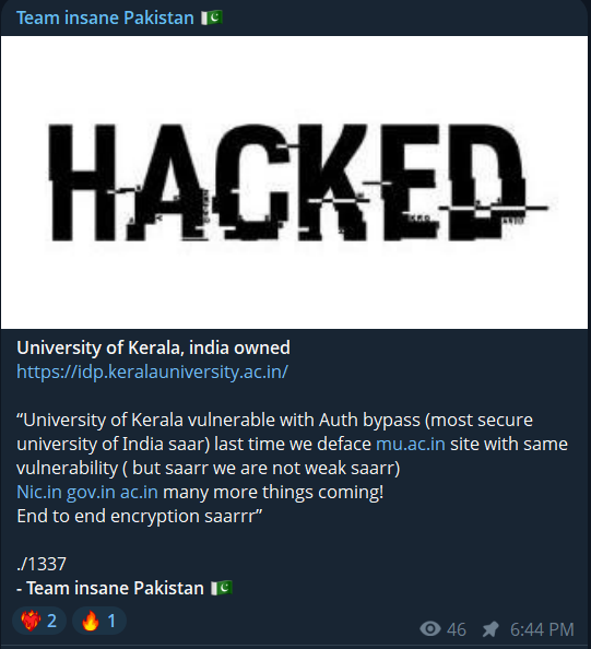 Team insane Pakistan瞄准喀拉拉邦大学网站-xLab 威胁情报