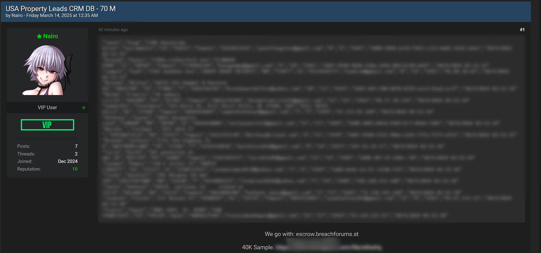 涉嫌出售unidentified美国财产的数据导致CRM数据库-xLab 威胁情报