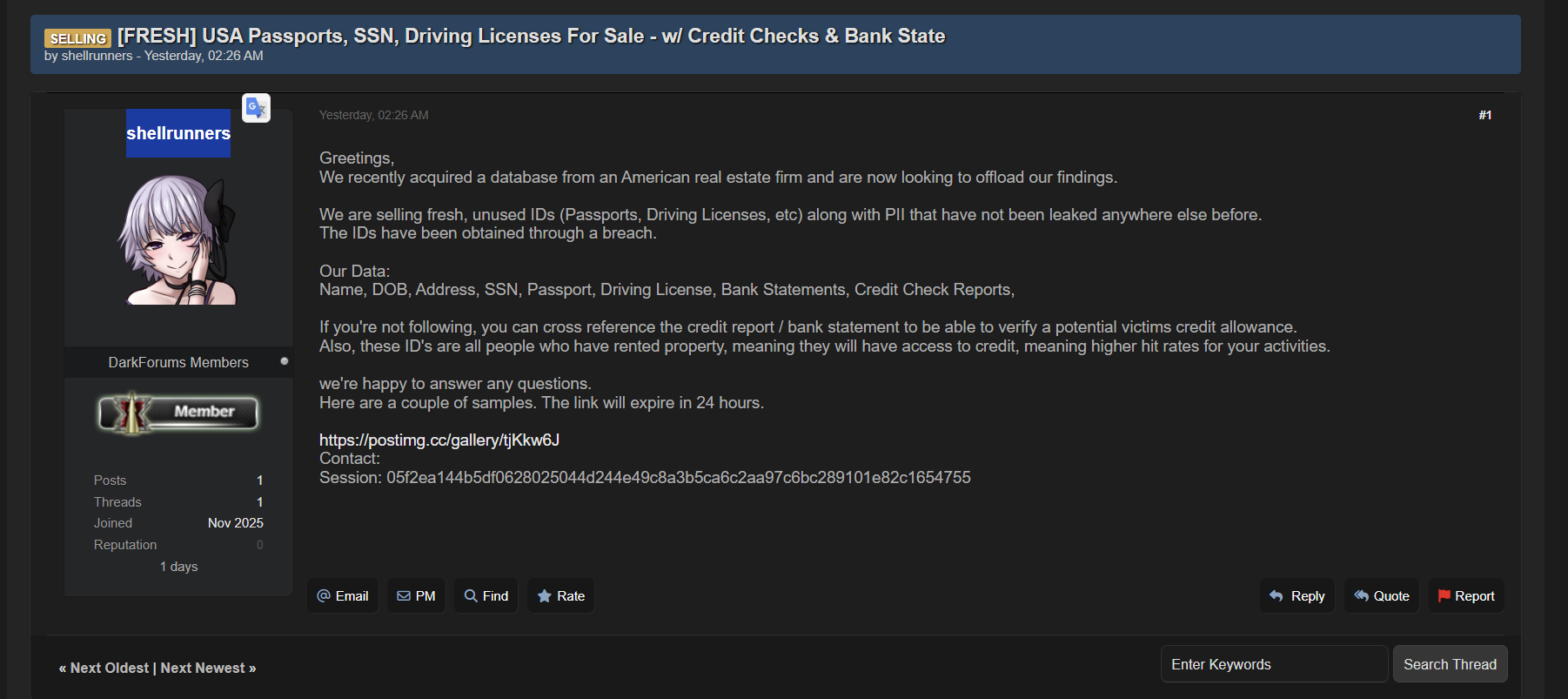 涉嫌出售来自美国的身份不明的房地产公司的数据。-xLab 威胁情报