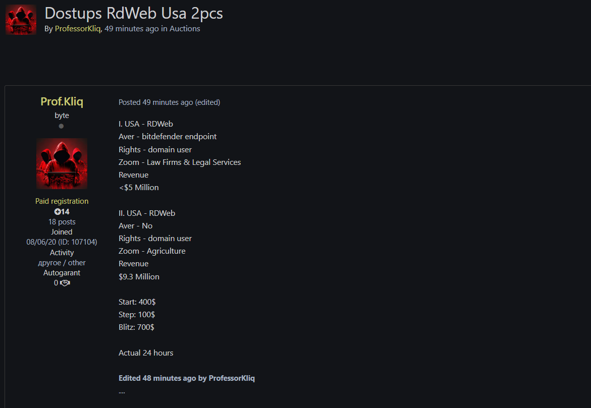 涉嫌向美国一家身份不明的律师事务所出售RDWeb访问权限-xLab 威胁情报