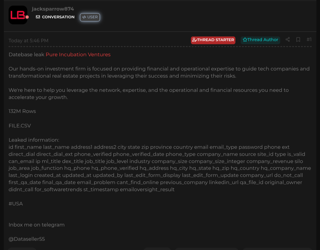涉嫌出售纯孵化企业的数据库-xLab 威胁情报