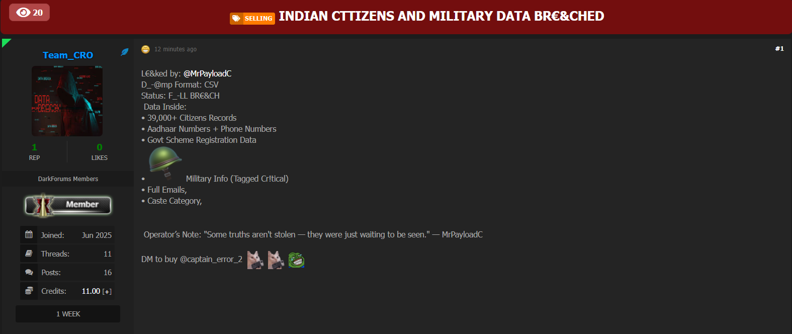 涉嫌出售39,000名印度公民和军事数据-xLab 威胁情报