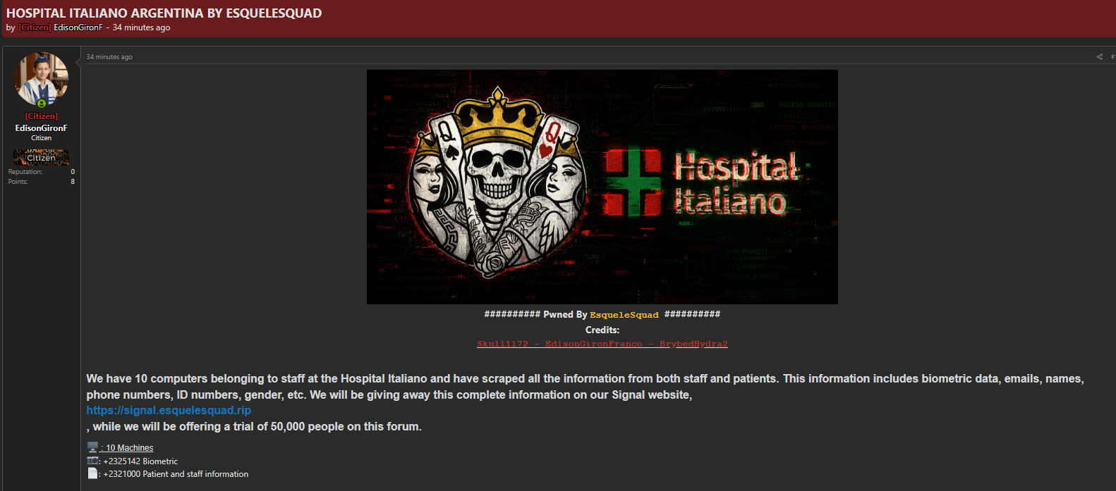 Alleged Data Breach of Hospital Italiano-xLab 威胁情报