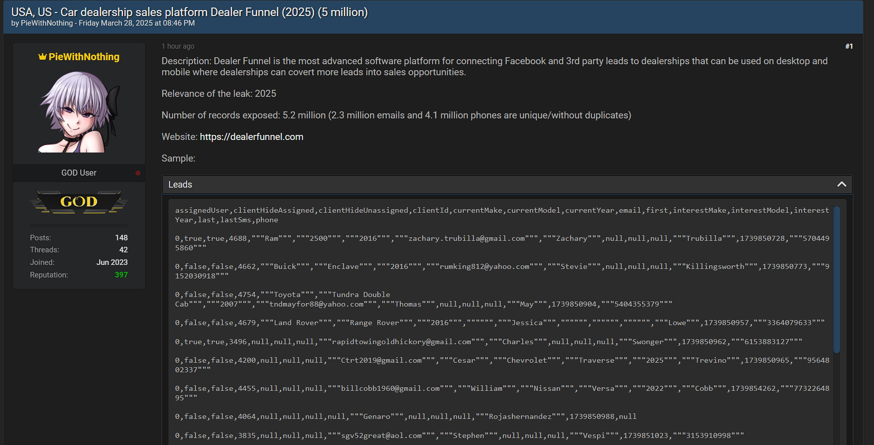 经销商漏斗涉嫌数据外泄-xLab 威胁情报