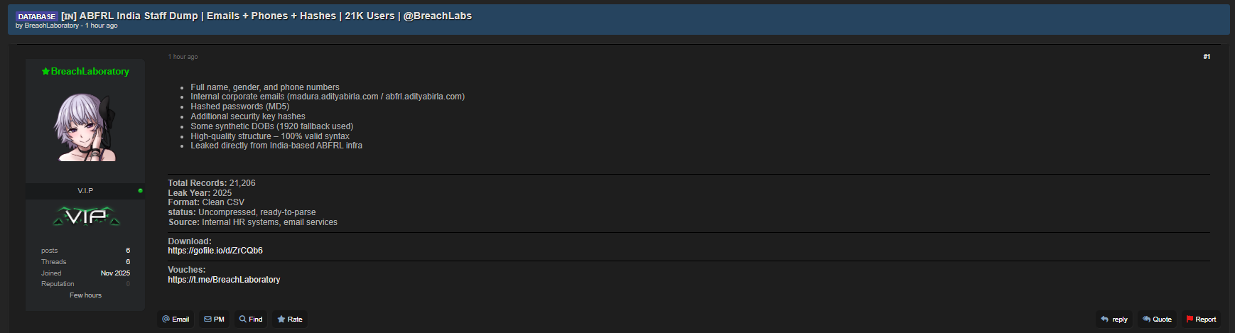 Aditya Birla时尚零售有限公司涉嫌数据外泄-xLab 威胁情报
