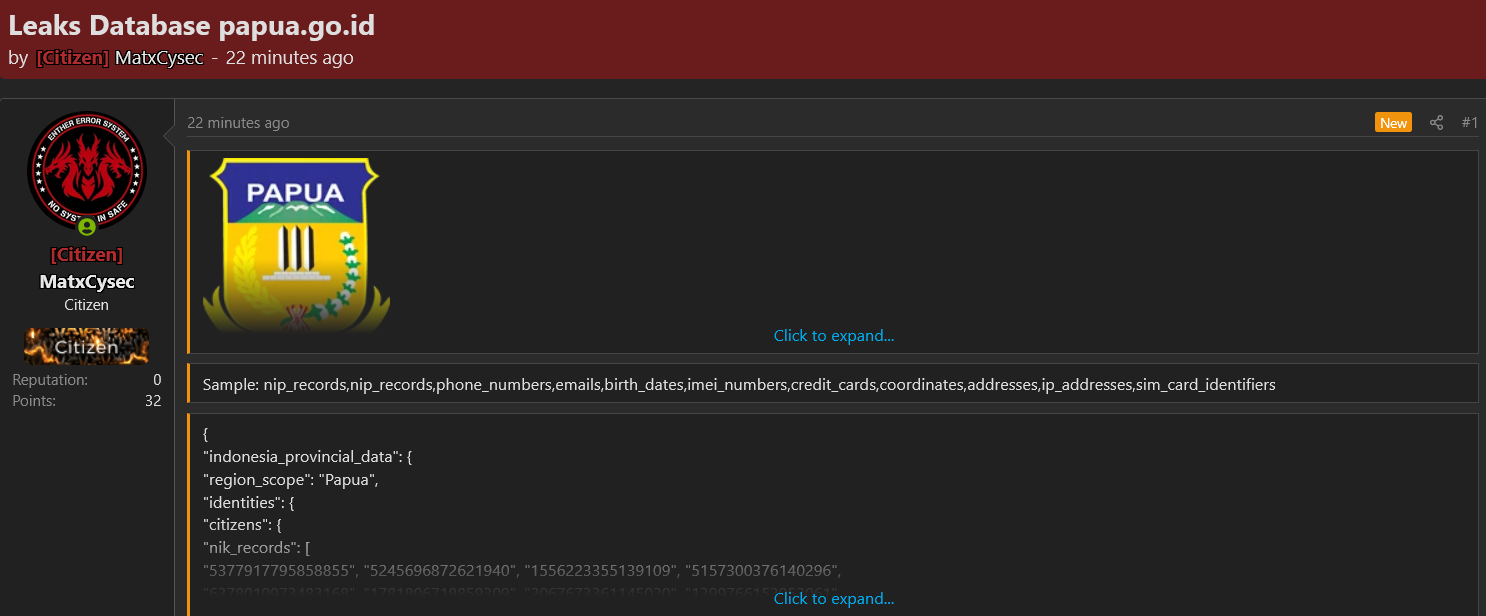 Alleged data breach of Pemerintah Provinsi Papua-xLab 威胁情报