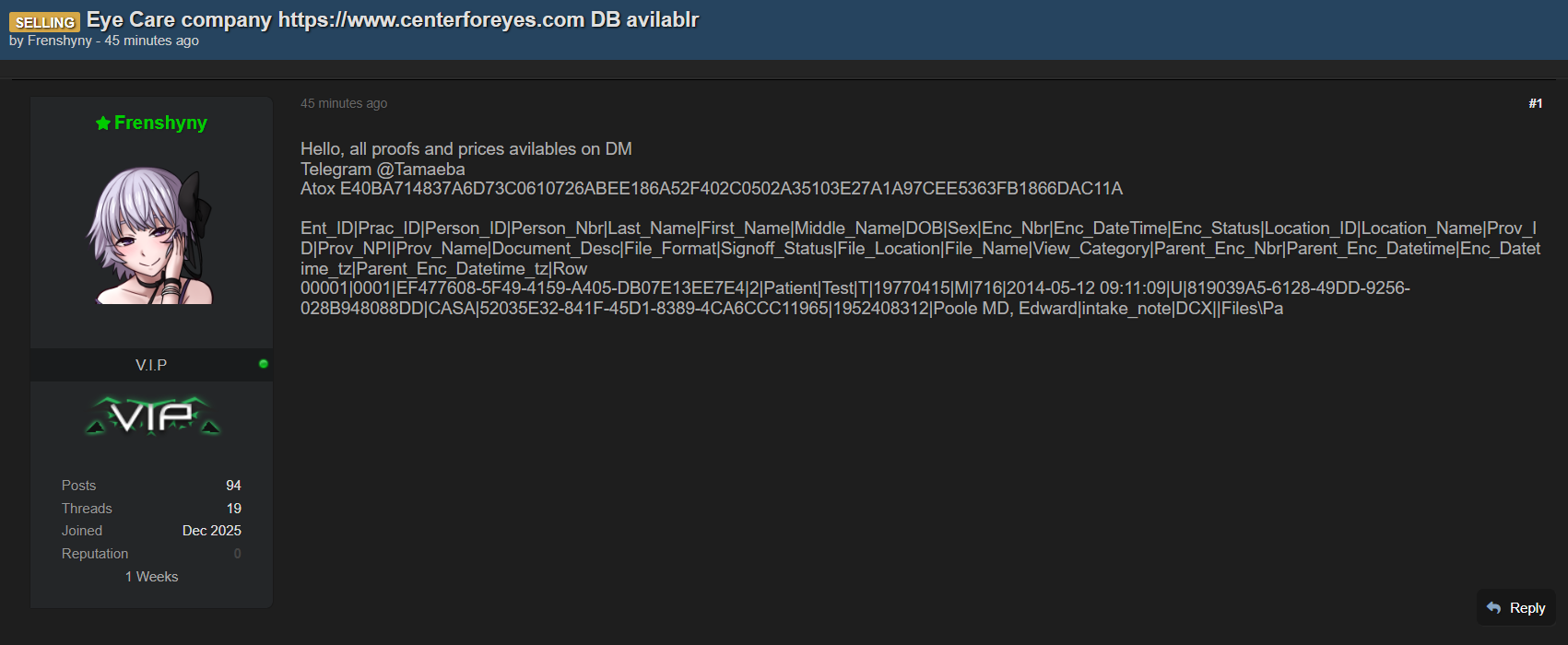 涉嫌出售高级眼科护理中心的数据-xLab 威胁情报