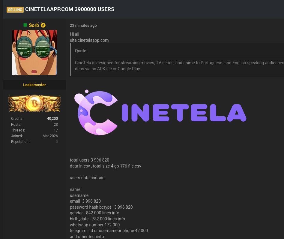 Alleged data sale of CineTela-xLab 威胁情报