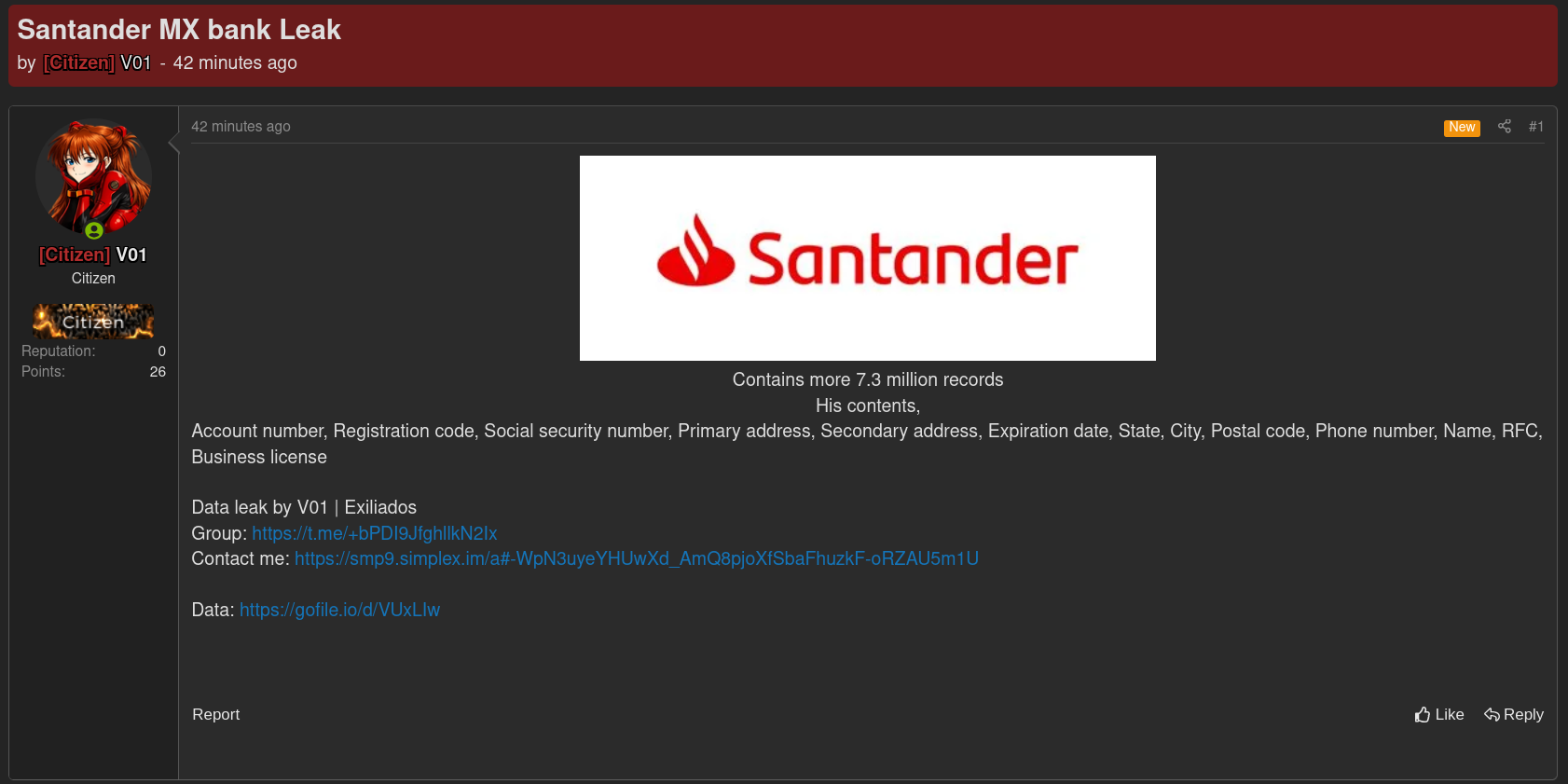 Alleged Data Breach of Santander-xLab 威胁情报