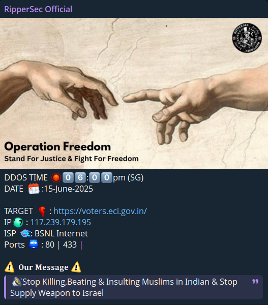 RipperSec针对印选举委员会选民门户网站网站-xLab 威胁情报