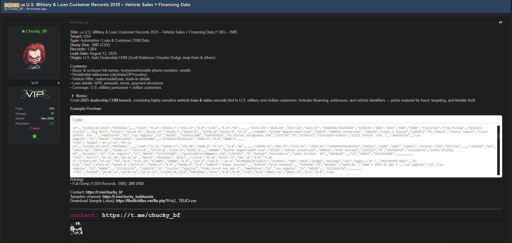 涉嫌出售美国汽车销售和融资记录-xLab 威胁情报