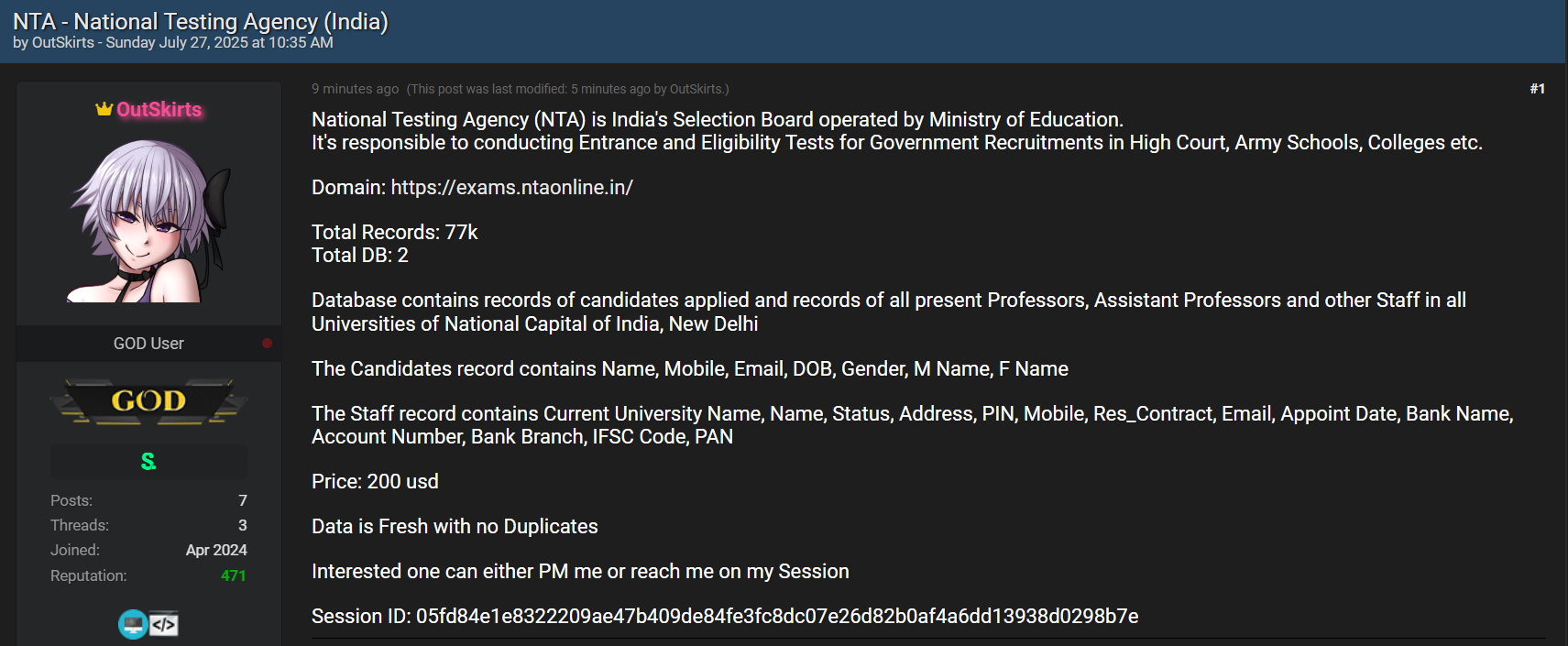 涉嫌出售国家Testing署（NTA）的数据-xLab 威胁情报
