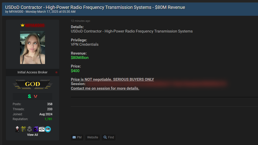 涉嫌向一家身份不明的美国USDoD承包商出售访问权限-xLab 威胁情报