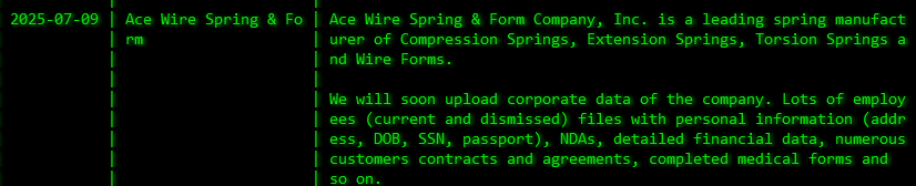 Ace WIre Spring&Form Company，Inc成为akira勒索软件的受害者-xLab 威胁情报