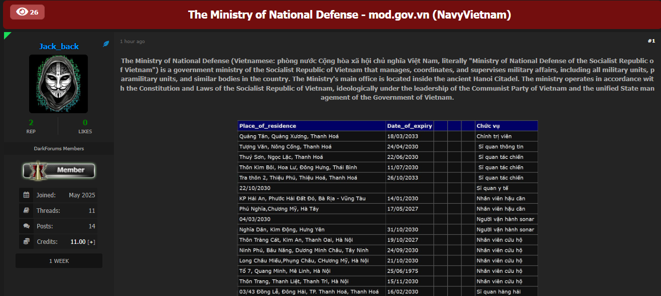 涉嫌数据泄露越南国防部-xLab 威胁情报
