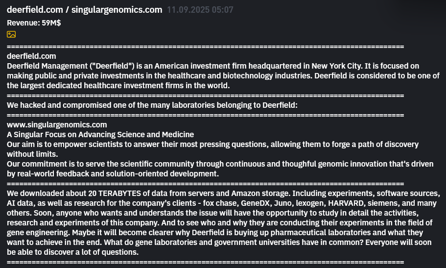 Deerfield Management Company和Singular Genomics成为INC RANSOM勒索软件的受害者-xLab 威胁情报