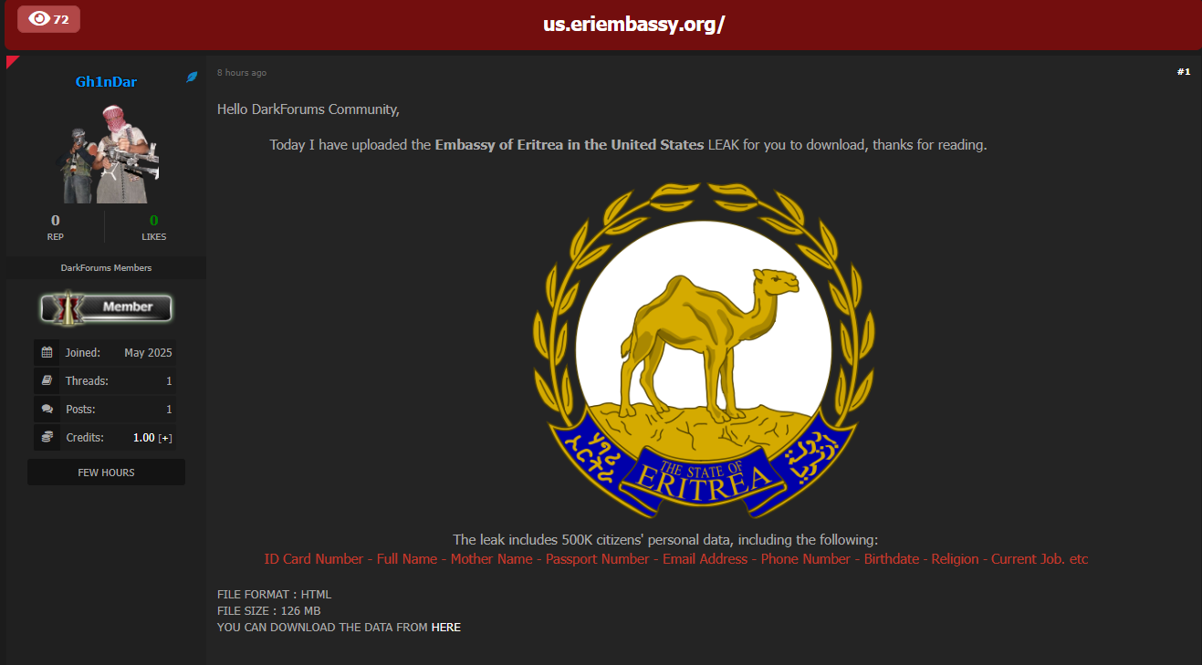 据称对厄立特里亚国驻美国大使馆的数据泄露-xLab 威胁情报