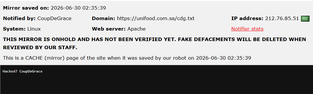 CoupDeGrace targets the website of National Foodstuff Manufacturing Company Limited (Unifood)-xLab 威胁情报