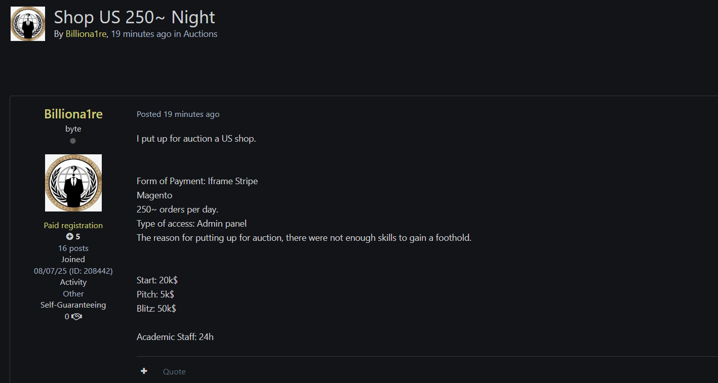 涉嫌出售未经授权的admin访问身份不明的美国Magento商店-xLab 威胁情报