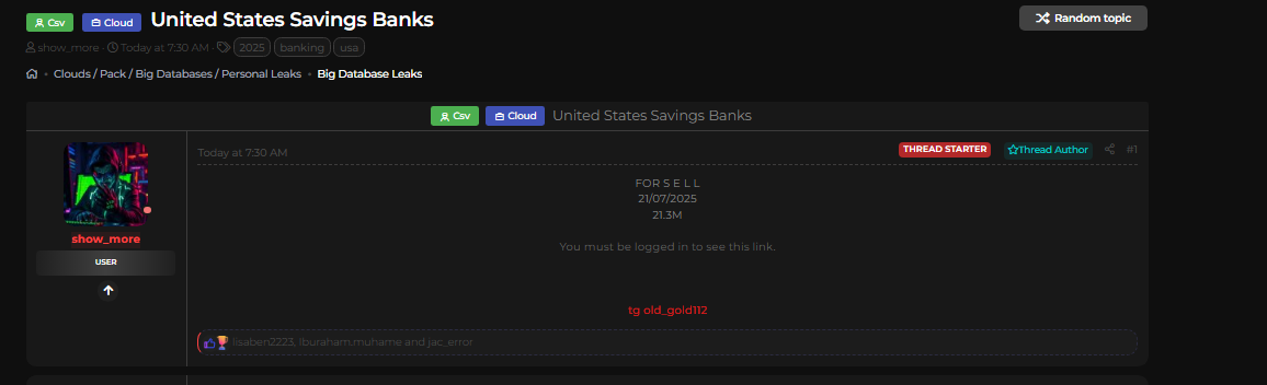 涉嫌数据库出售美国储蓄银行数据-xLab 威胁情报