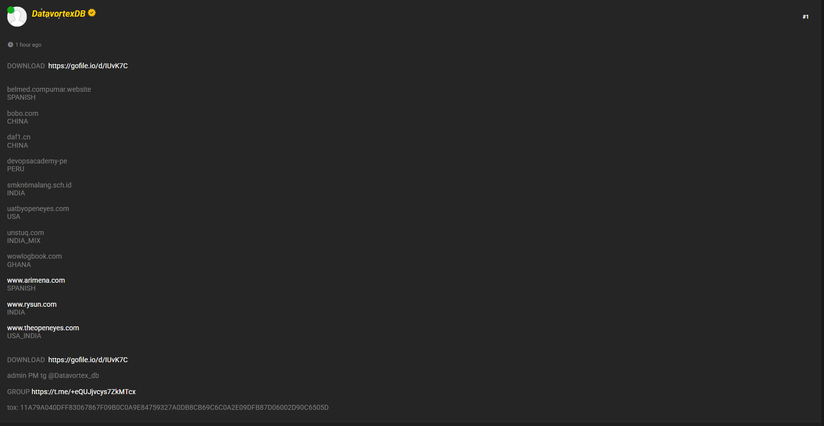据称美国、中国、印度、西班牙、秘鲁、加纳和印度尼西亚的数据库被泄露-xLab 威胁情报