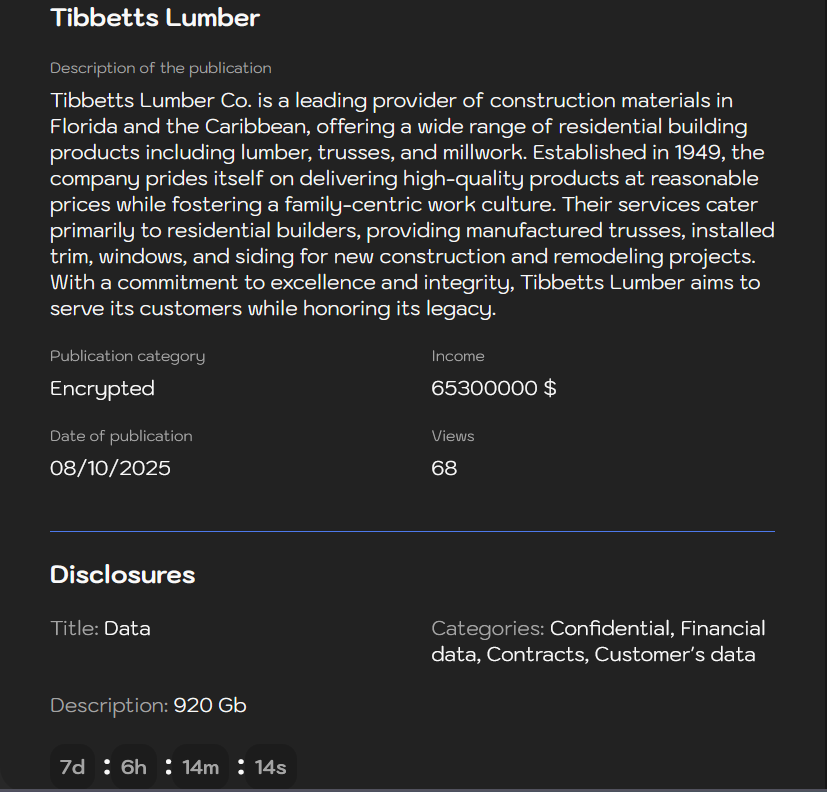 Tibbetts Lumber Co.LLC成为sinobi勒索软件的受害者-xLab 威胁情报