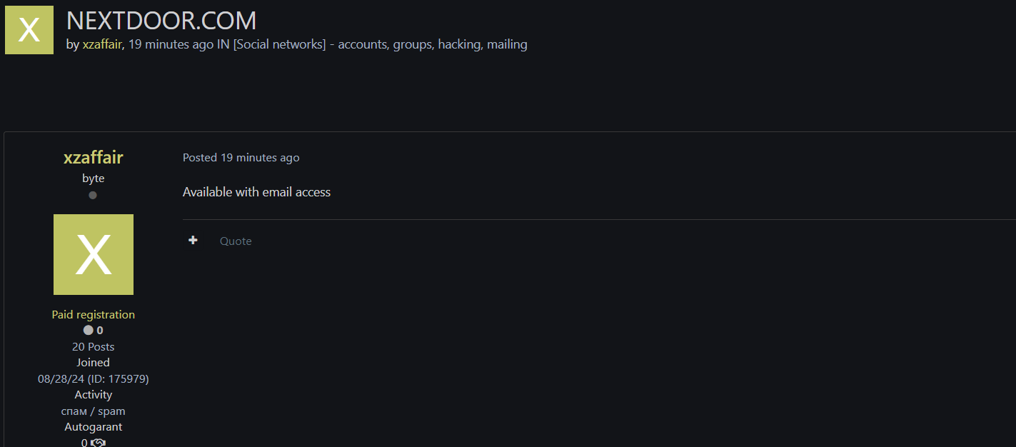 涉嫌出售未经授权的电子邮件访问NEXTDOOR.COM-xLab 威胁情报