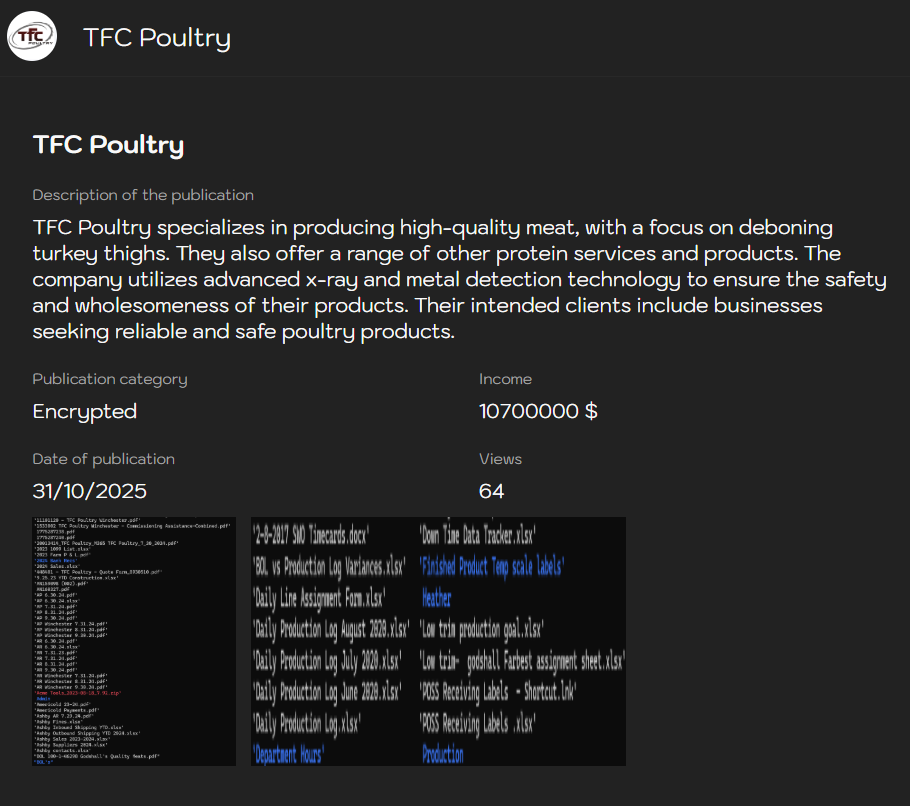 TFC Poultry LLC成为Sinobi勒索软件的受害者-xLab 威胁情报