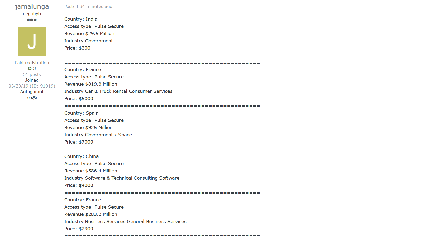 涉嫌向印度身份不明的政府组织出售未经授权的pulse访问权限-xLab 威胁情报