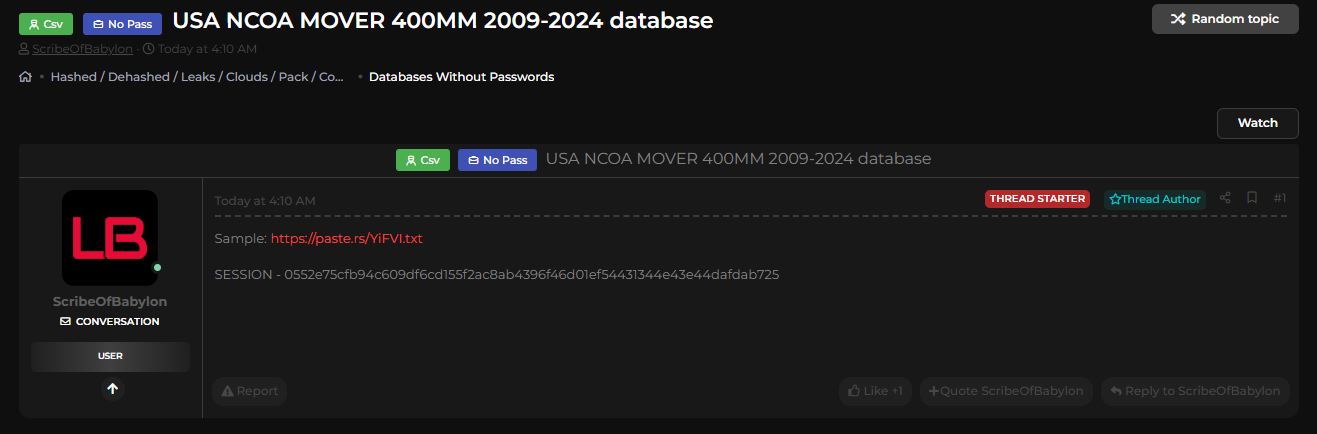 涉嫌出售4亿张美国NCOA Mover记录-xLab 威胁情报
