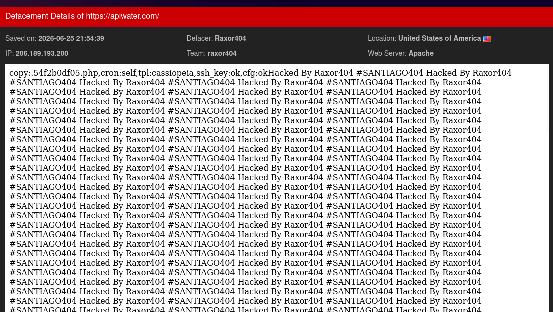 Raxor404 targets the website of API Water-xLab 威胁情报