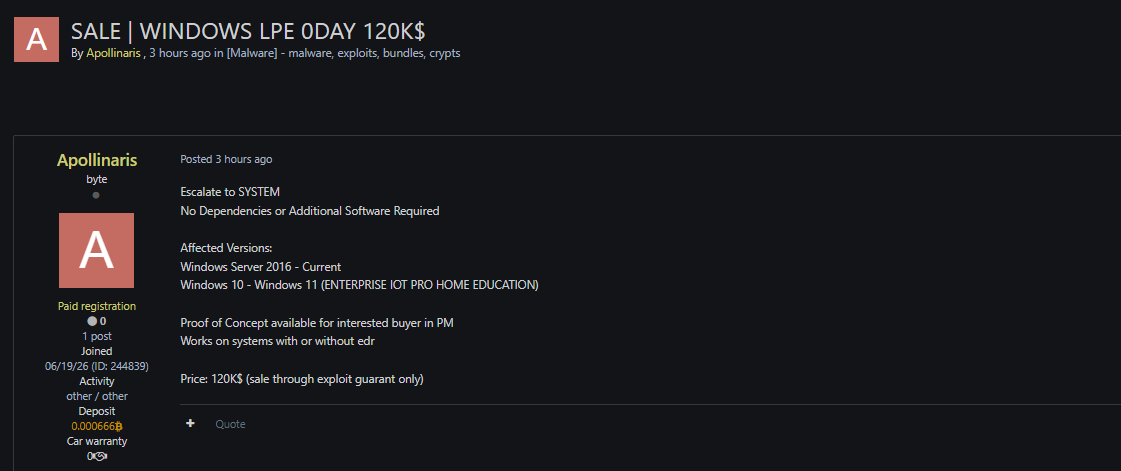 Alleged sale of Windows LPE zero-day exploit-xLab 威胁情报