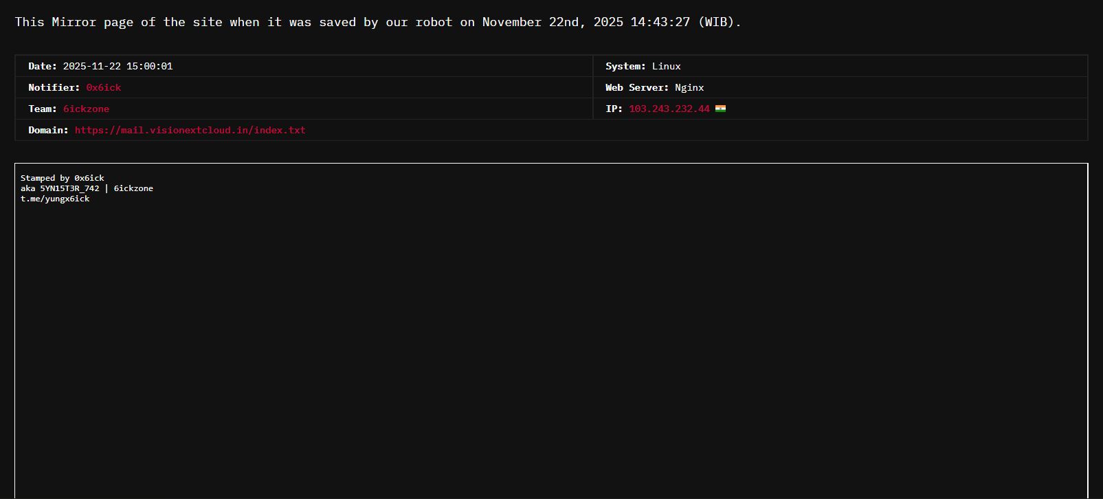 6ickzone针对visionextcloud.in的网站-xLab 威胁情报