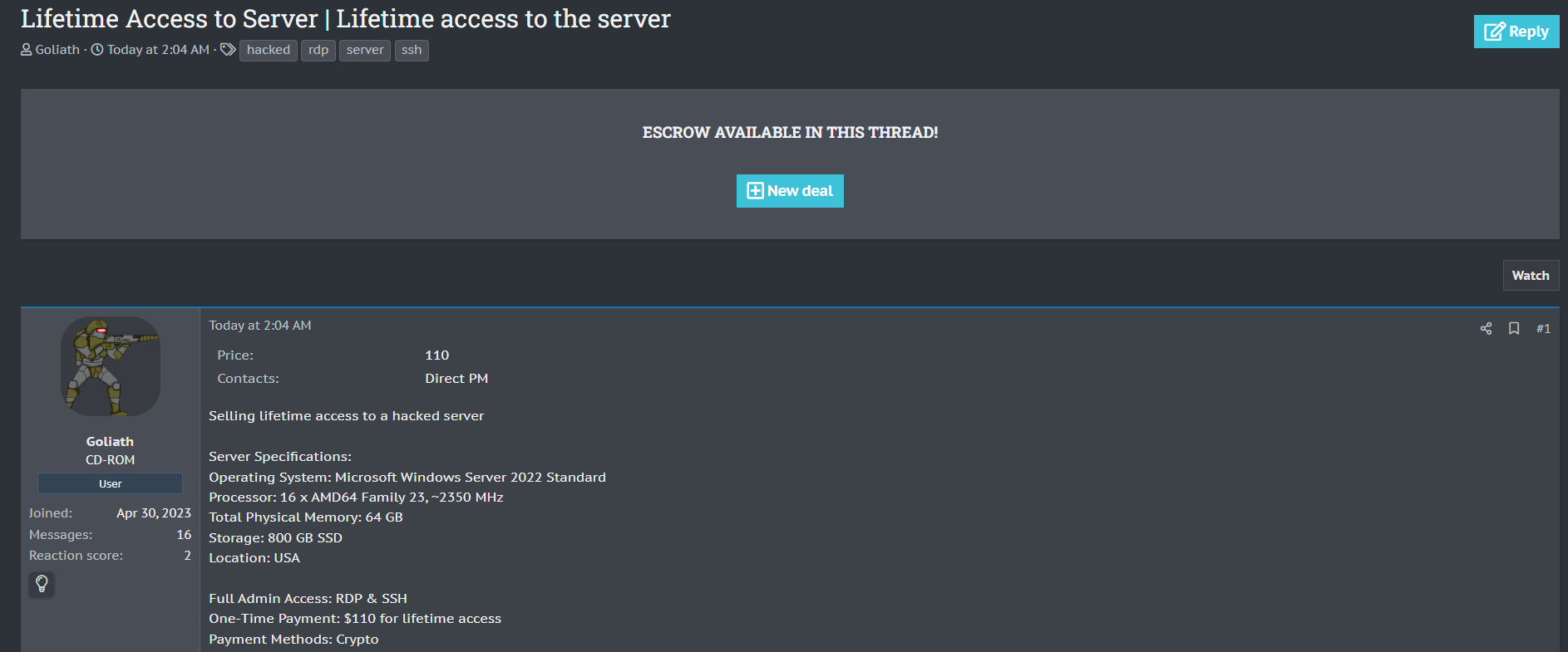 涉嫌出售未经授权访问美国一台身份不明的服务器-xLab 威胁情报