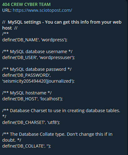 SCIOTO POST有限责任公司涉嫌泄漏WordPress数据库凭据-xLab 威胁情报