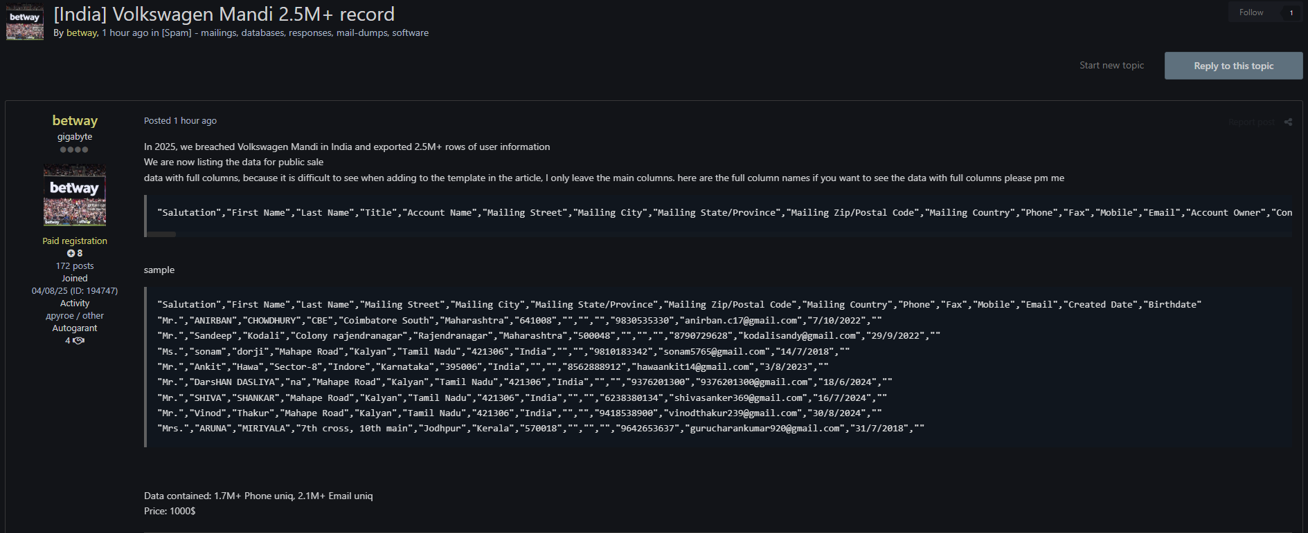 大众Mandi在印涉嫌数据外泄-xLab 威胁情报