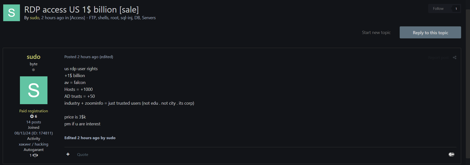 涉嫌出售美国RDP访问权限-xLab 威胁情报