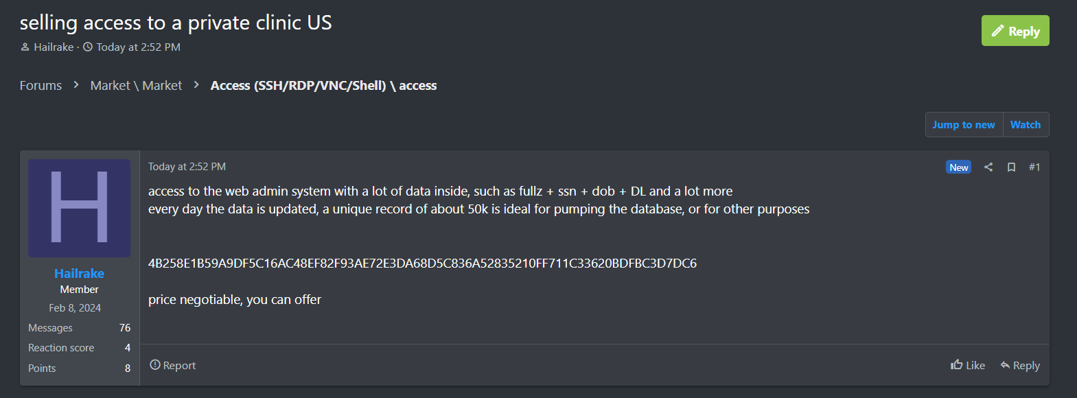 涉嫌向美国一家私人诊所出售网络admin-xLab 威胁情报