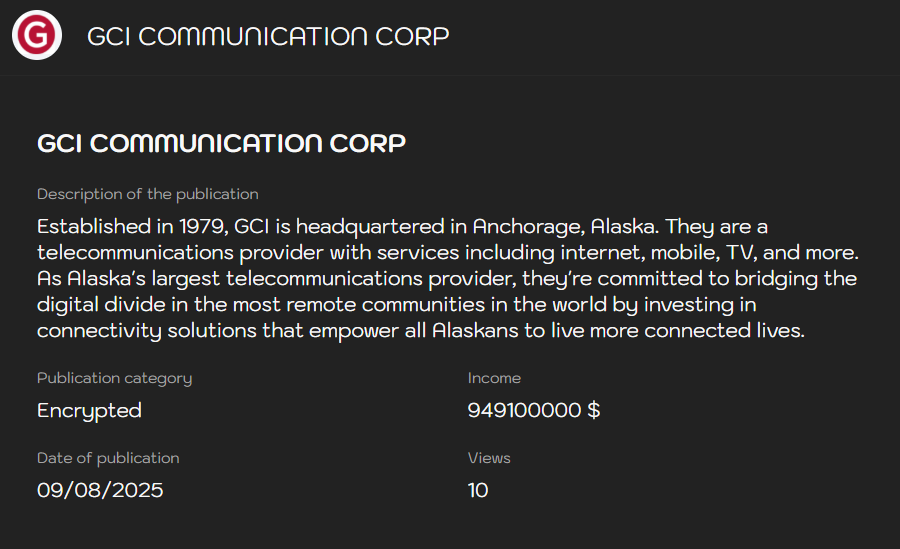 GCI Communication Corp.成为Sinobi勒索软件的受害者-xLab 威胁情报