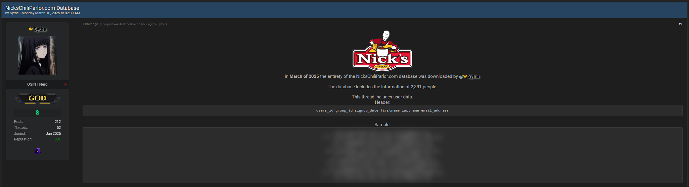 尼克辣椒店涉嫌数据库泄露-xLab 威胁情报