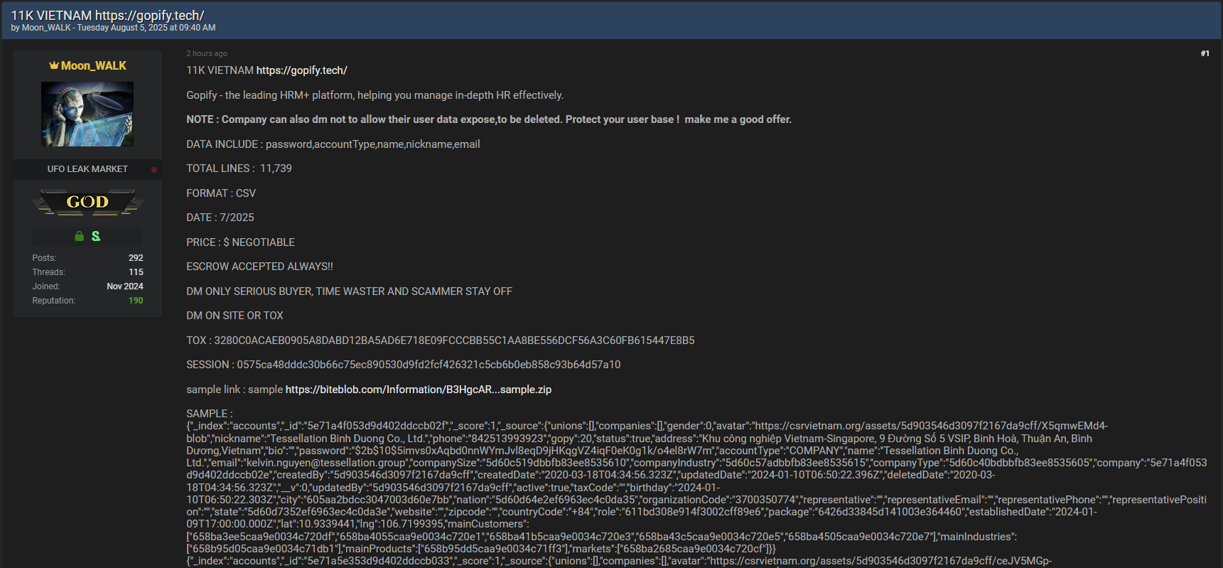 涉嫌销售Gopify‑HRM+的数据-xLab 威胁情报